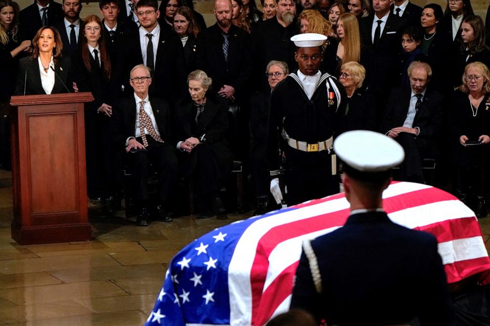 PHOTO: Vice President Kamala Harris speaks during a ceremony, as Jimmy Carter, the former President who died on December 29 at the age of 100, lies in state in the Rotunda of the U.S. Capitol building in Washington, D.C., Jan. 7, 2025.  