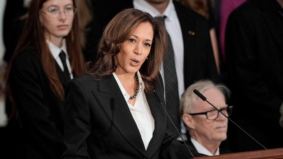 PHOTO: Vice President Kamala Harris speaks during a ceremony for former President Jimmy Carter as Carter lies in state at the U.S. Capitol, Jan. 7, 2025, in Washington, D.C.