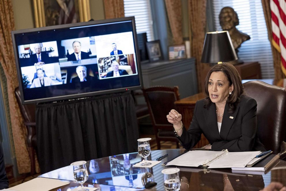 PHOTO: Vice President Kamala Harris speaks during a meeting in the Vice President's Ceremonial Office in Washington, D.C., May 27, 2021. Harris will travel to Guatemala and Mexico after pledging humanitarian aid for Northern Triangle countries.