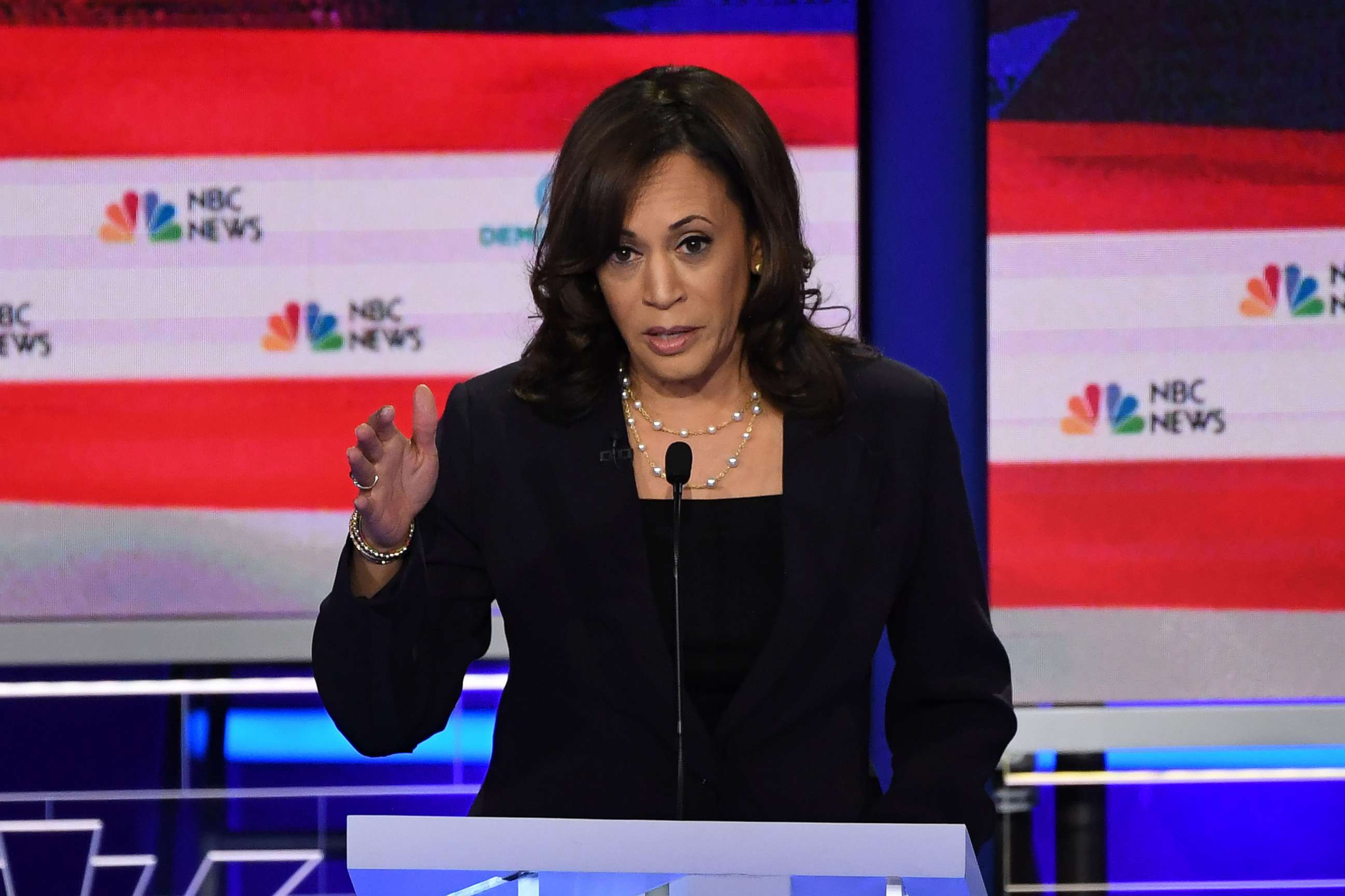 PHOTO: Kamala Harris participates in the second night of the first 2020 democratic presidential debate at the Adrienne Arsht Center for the Performing Arts in Miami, June 27, 2019.