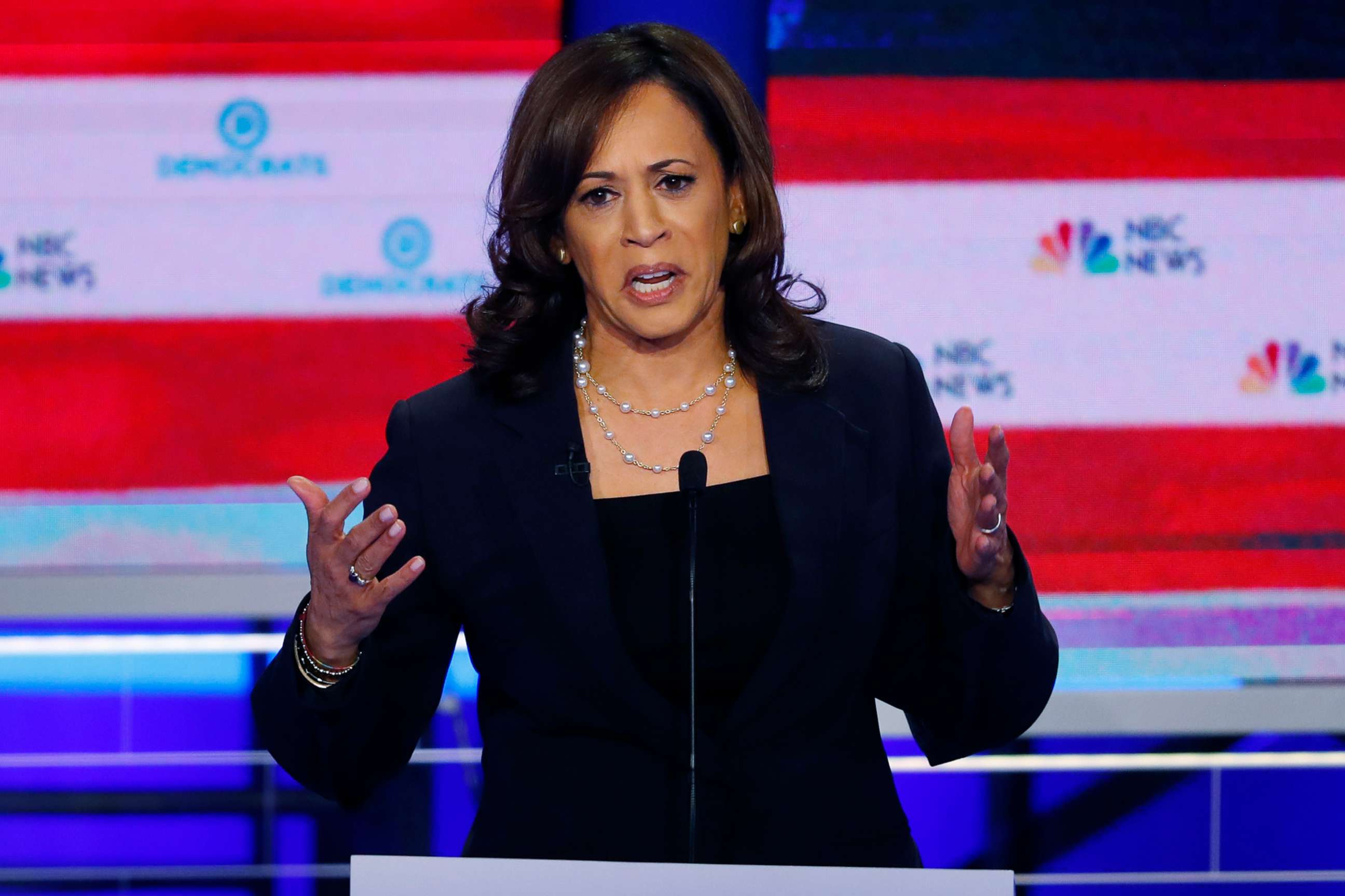 PHOTO: Kamala Harris participates in the second night of the first 2020 democratic presidential debate at the Adrienne Arsht Center for the Performing Arts in Miami, June 27, 2019.