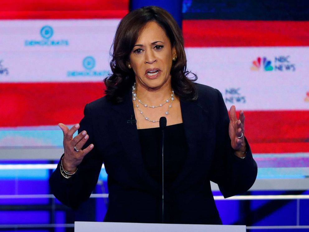 PHOTO: Kamala Harris participates in the second night of the first 2020 democratic presidential debate at the Adrienne Arsht Center for the Performing Arts in Miami, June 27, 2019.