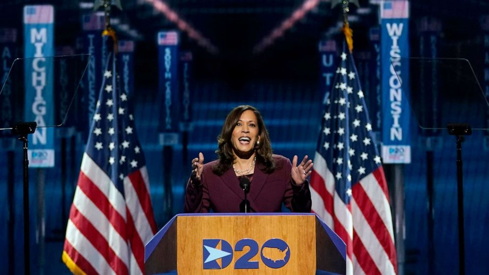 PHOTO: Democratic vice presidential candidate Sen. Kamala Harris speaks during the third day of the Democratic National Convention in Wilmington, Del, Aug. 19, 2020.