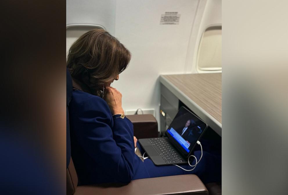 PHOTO: Vice President Kamala Harris shared a photo on X of herself watching her husband, Doug Emhoff, speak at the Democratic National Convention on Aug. 20, 2024.