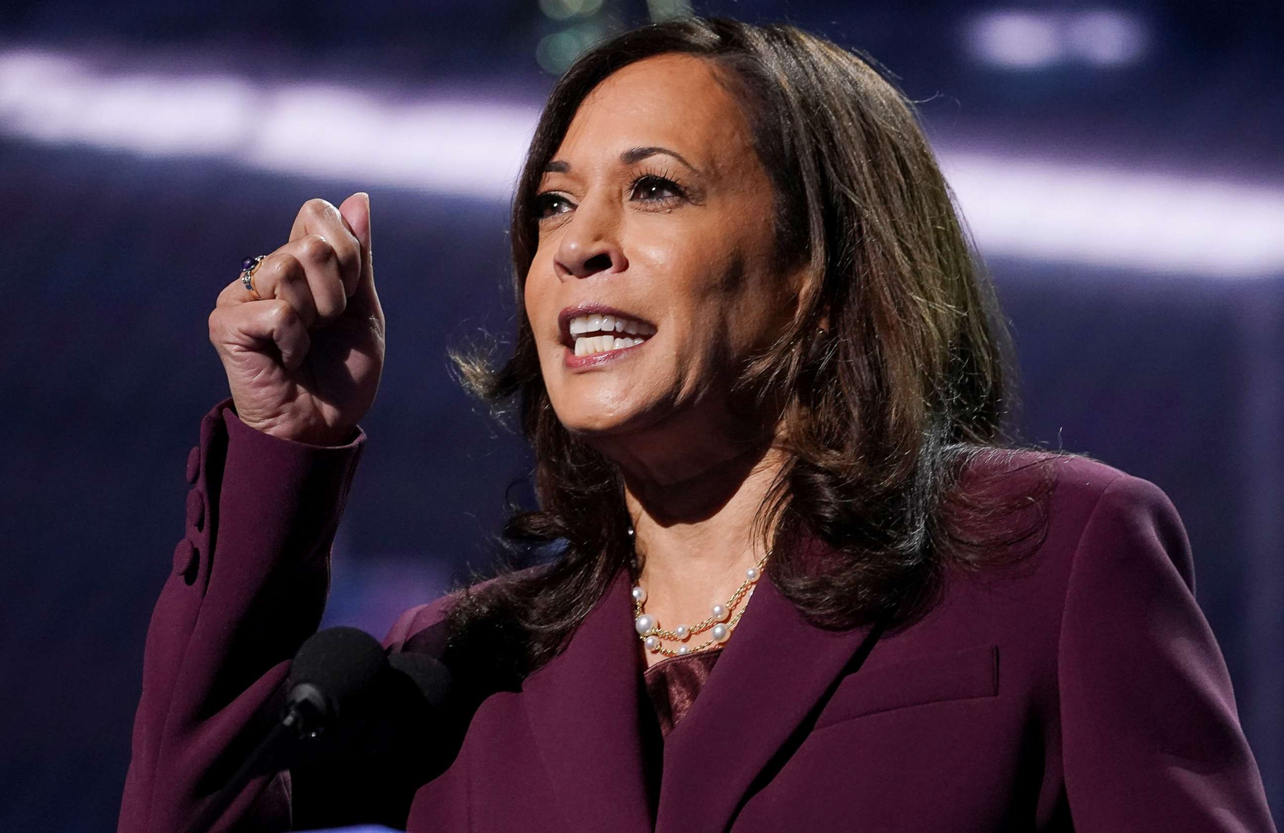 PHOTO: Senator Kamala Harris delivers a speech accepting the Democratic vice presidential nomination during  2020 Democratic National Convention in Wilmington, Del., Aug. 19, 2020.