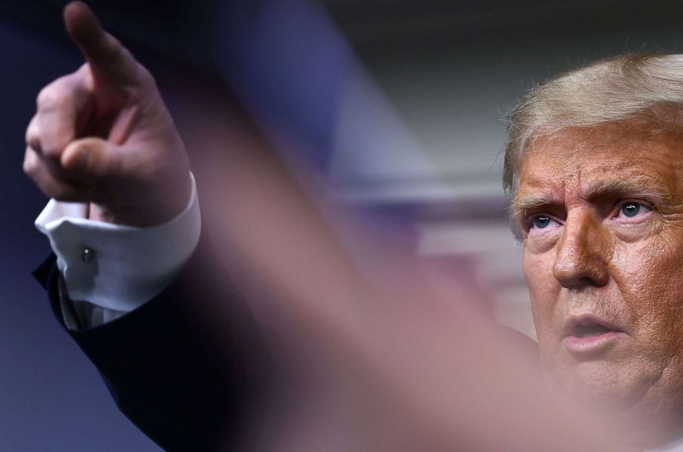 PHOTO: President Donald Trump takes questions during a press briefing at the White House, Aug. 19, 2020. 