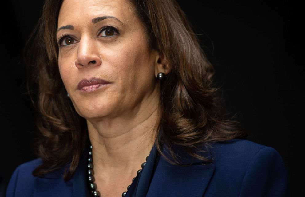 PHOTO: Senator Kamala Harris speaks with survivors of sexual assault and their supporters as they protest against Judge Brett Kavanaugh's nomination on Capitol Hill in Washington, DC, Sept. 28, 2018.