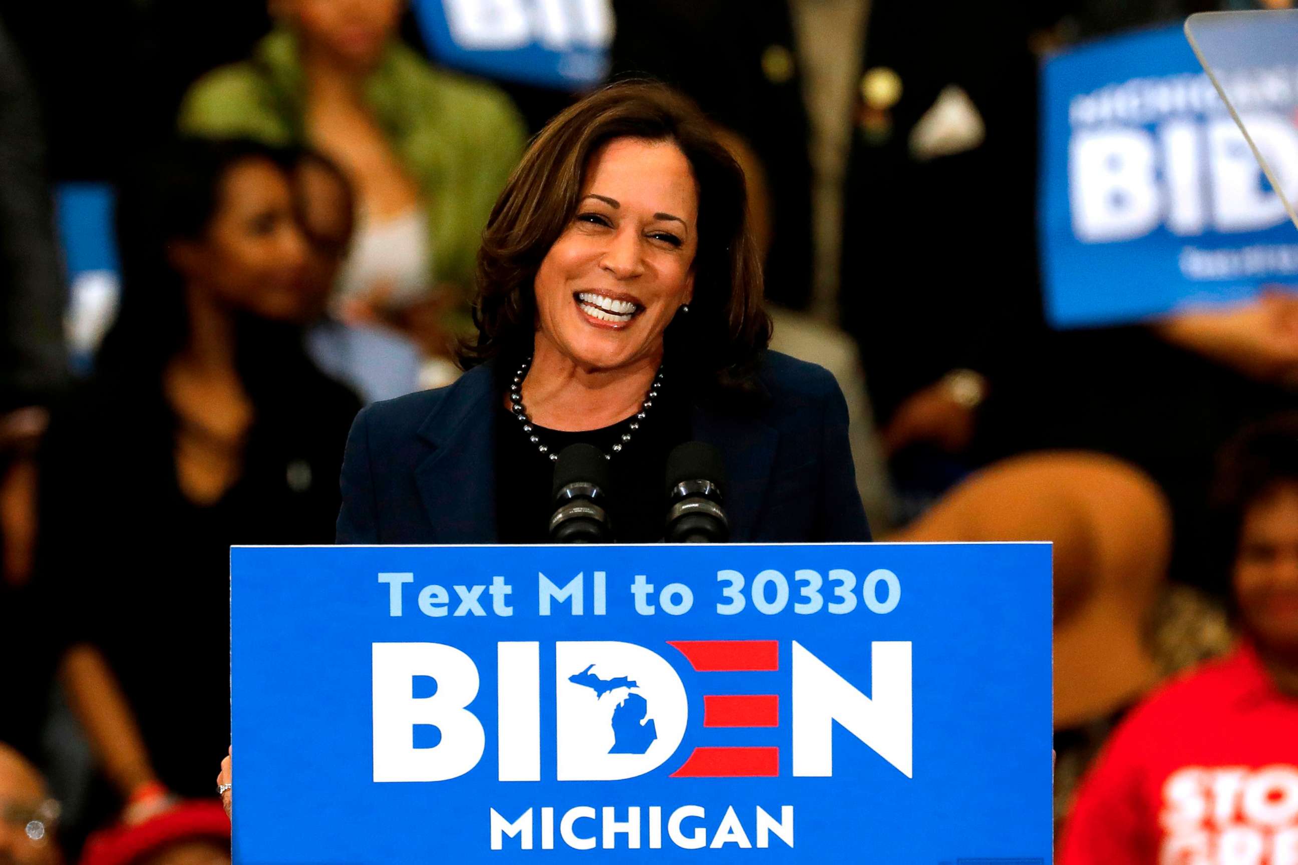 PHOTO: Senator Kamala Harris endorses Democratic presidential candidate former Vice President Joe Biden as she speaks to supporters during a campaign rally at Renaissance High School in Detroit, March 9, 2020.