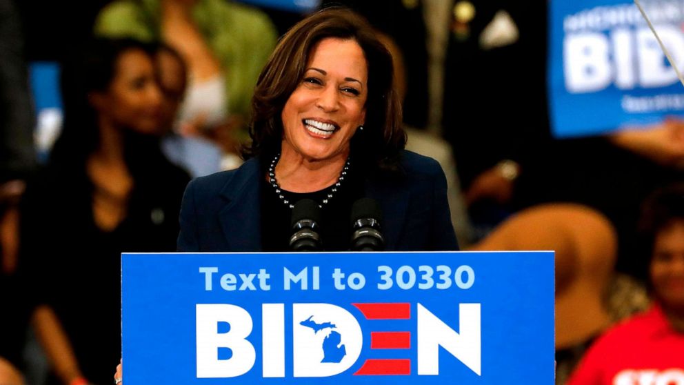 PHOTO: Senator Kamala Harris endorses Democratic presidential candidate former Vice President Joe Biden as she speaks to supporters during a campaign rally at Renaissance High School in Detroit, March 9, 2020.