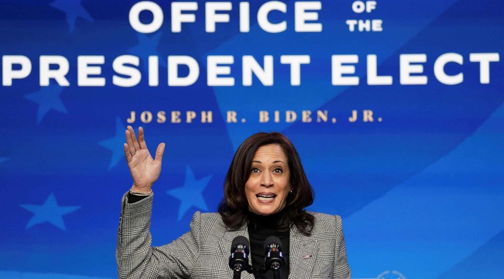 PHOTO: Vice President-elect Kamala Harris speaks after President-elect Joe Biden introduced key members of his White House science team at his transition headquarters in Wilmington, Delaware, Jan. 16, 2021.