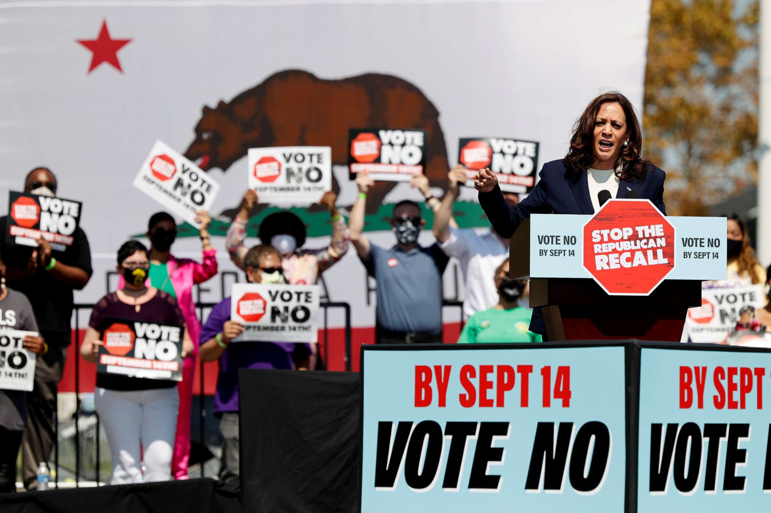 PHOTO: Vice President Kamala Harris speaks during an appearance with California Governor Gavin Newsom in San Leandro, Calif., Sept. 8, 2021.