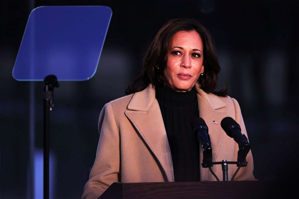 Vice President-elect Kamala Harris speaks at a memorial for victims of the coronavirus pandemic at the Lincoln Memorial on the eve of the presidential inauguration on Jan. 19, 2021 in Washington