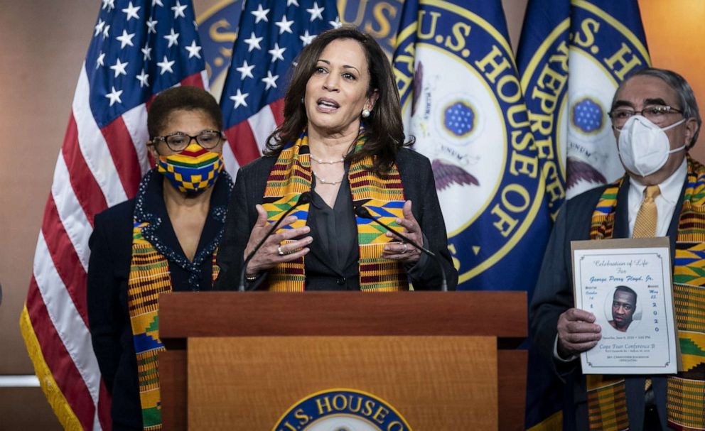 PHOTO: Senator Kamala Harris speaks during a news conference unveiling policing reform and and equal justice legislation at the U.S. Capitol in Washington, June 8, 2020.