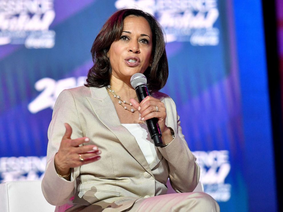 PHOTO: Kamala speaks on stage at 2019 Essence Festival at Ernest N. Morial Convention Center on July 06, 2019, in New Orleans.
