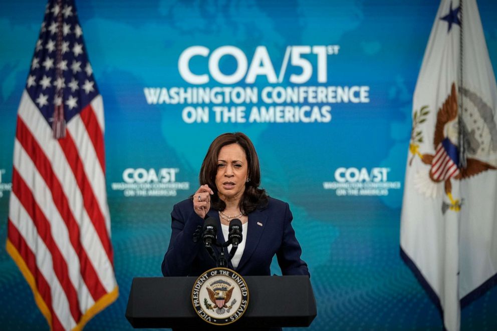 PHOTO: Vice President Kamala Harris delivers virtual remarks to the Washington Conference on the Americas in the South Court Auditorium at the White House complex on May 4, 2021, in Washington, D.C.