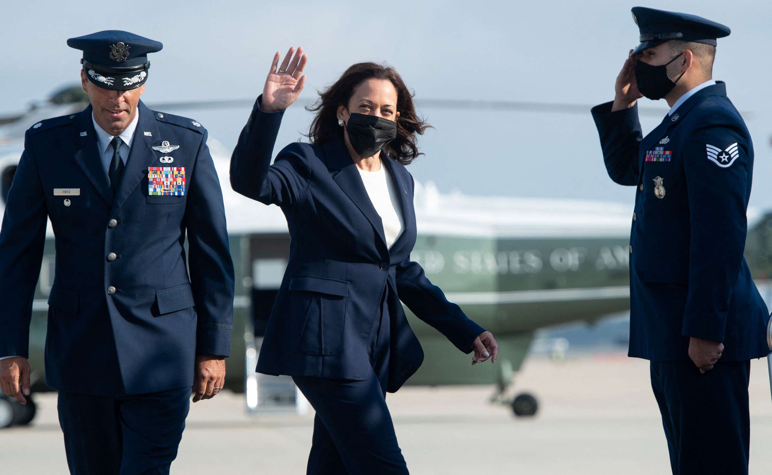 PHOTO: Vice President Kamala Harris boards Air Force Two prior to departure from Joint Base Andrews in Maryland, Sept. 8, 2021, as she travels to California to campaign for California Governor Gavin Newsom.