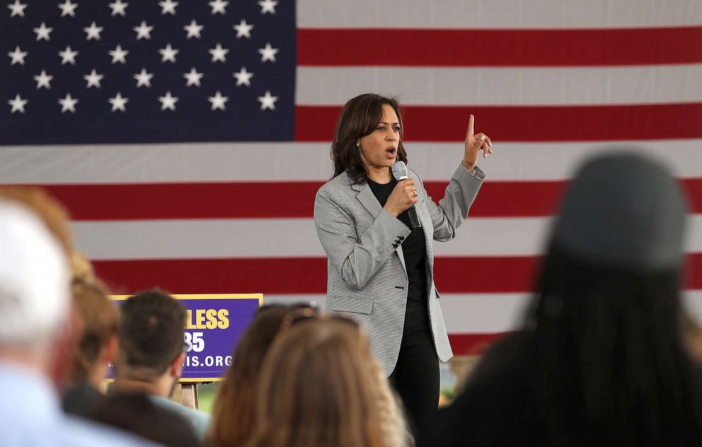 PHOTO: Democratic presidential hopeful U.S. Sen Kamala Harris speaks during a campaign rally, Aug. 8, 2019, in Sioux City, Iowa.