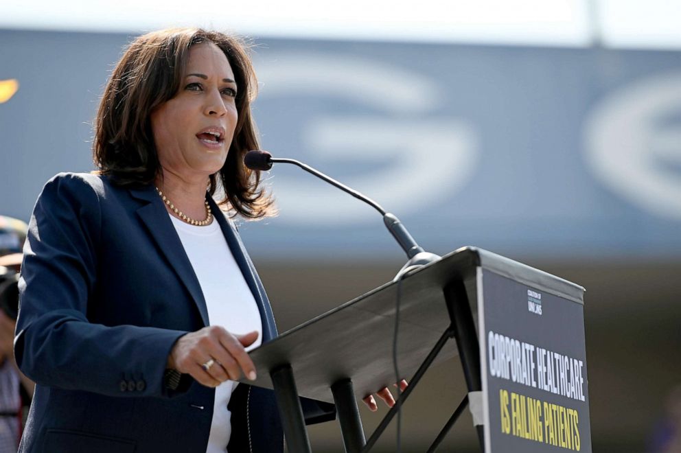 PHOTO: Democratic presidential hopeful Senator Kamala Harris speaks at a Labor Day rally for healthcare workers and supporters, Sept. 2, 2019, in Los Angeles.