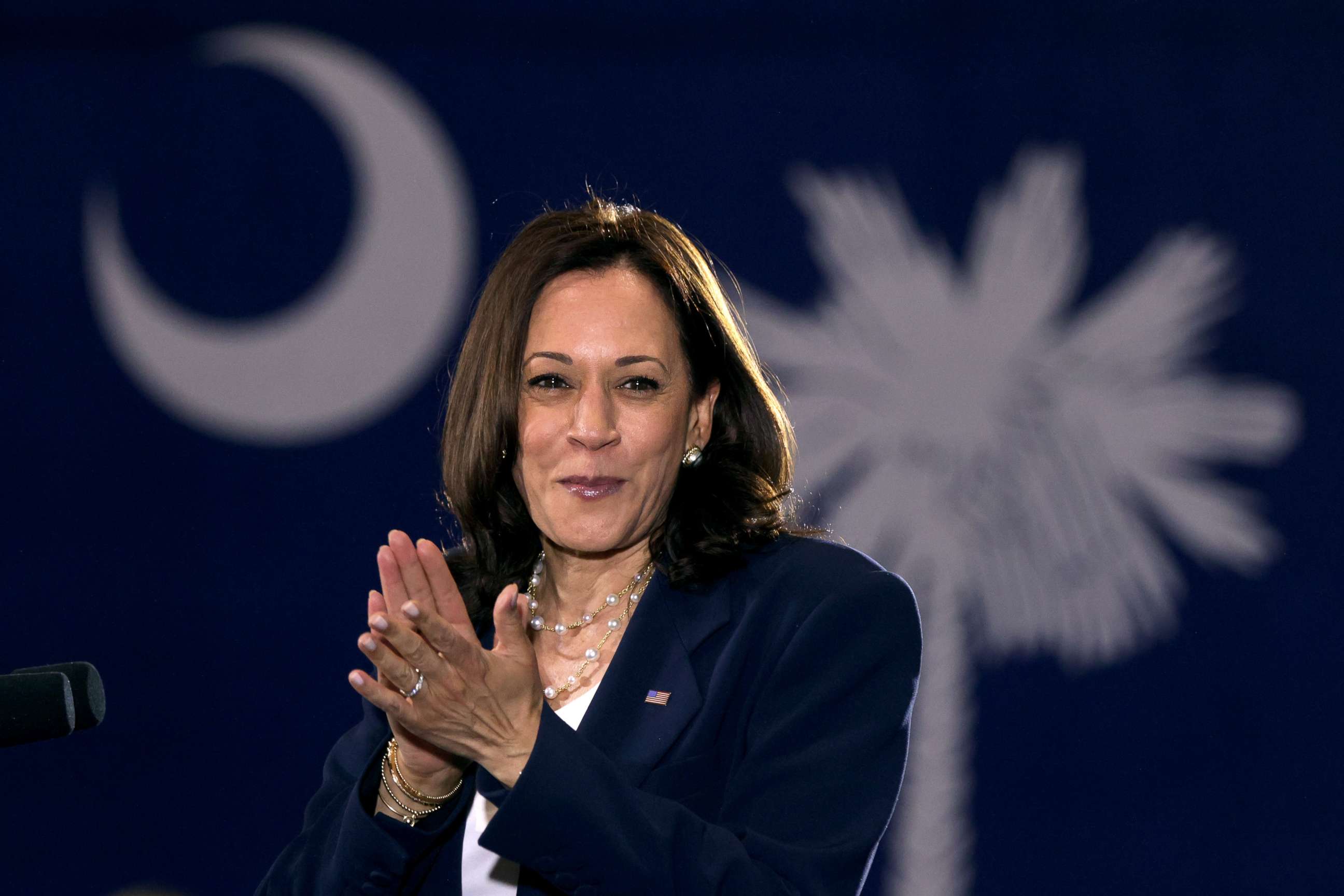 PHOTO: Vice President Kamala Harris claps as she delivers remarks at a COVID vaccination mobilization event at the Phillis Wheatley Community Center, June 14, 2021, in Greenville, South Carolina.