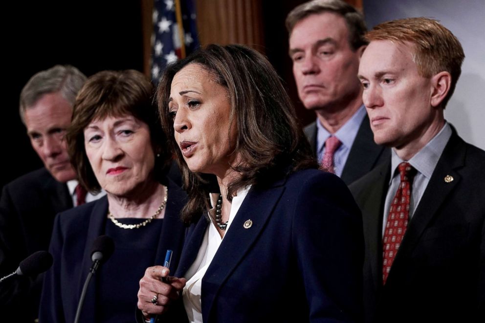 PHOTO: Sen. Kamala Harris speaks as (L-R) Chairman of Senate Intelligence Committee Sen. Richard Burr, Sen. Susan Collins, committee Vice Chairman Sen. Mark Warner and Sen. James Lankford listen during a news conference at the Capitol on March 20, 2018.