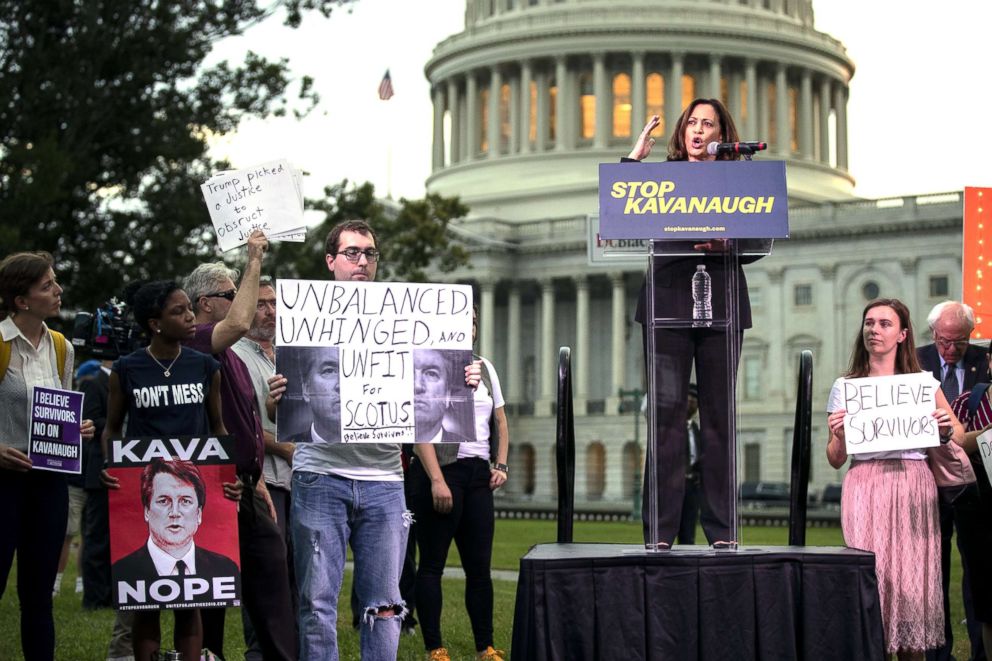 PHOTO: U.S. Sen. Kamala Harris speaks to protesters rallying against Supreme Court nominee Judge Brett Kavanaugh on Capitol Hill, Oct. 4, 2018, in Washington, D.C.
