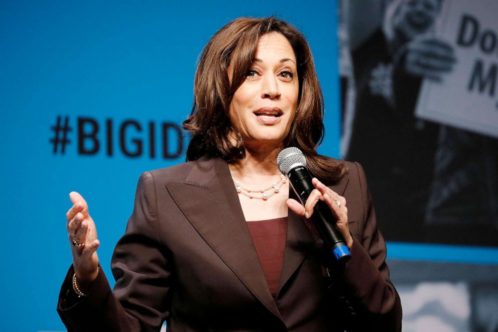 PHOTO: Kamala Harris speaks onstage at the MoveOn Big Ideas Forum at The Warfield Theatre on June 01, 2019, in San Francisco, Calif.