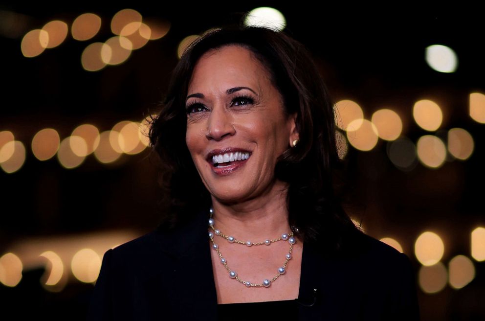 PHOTO: Democratic presidential candidate Sen. Kamala Harris speaks during a television interview after the second night of the first Democratic presidential debate on June 27, 2019, in Miami.
