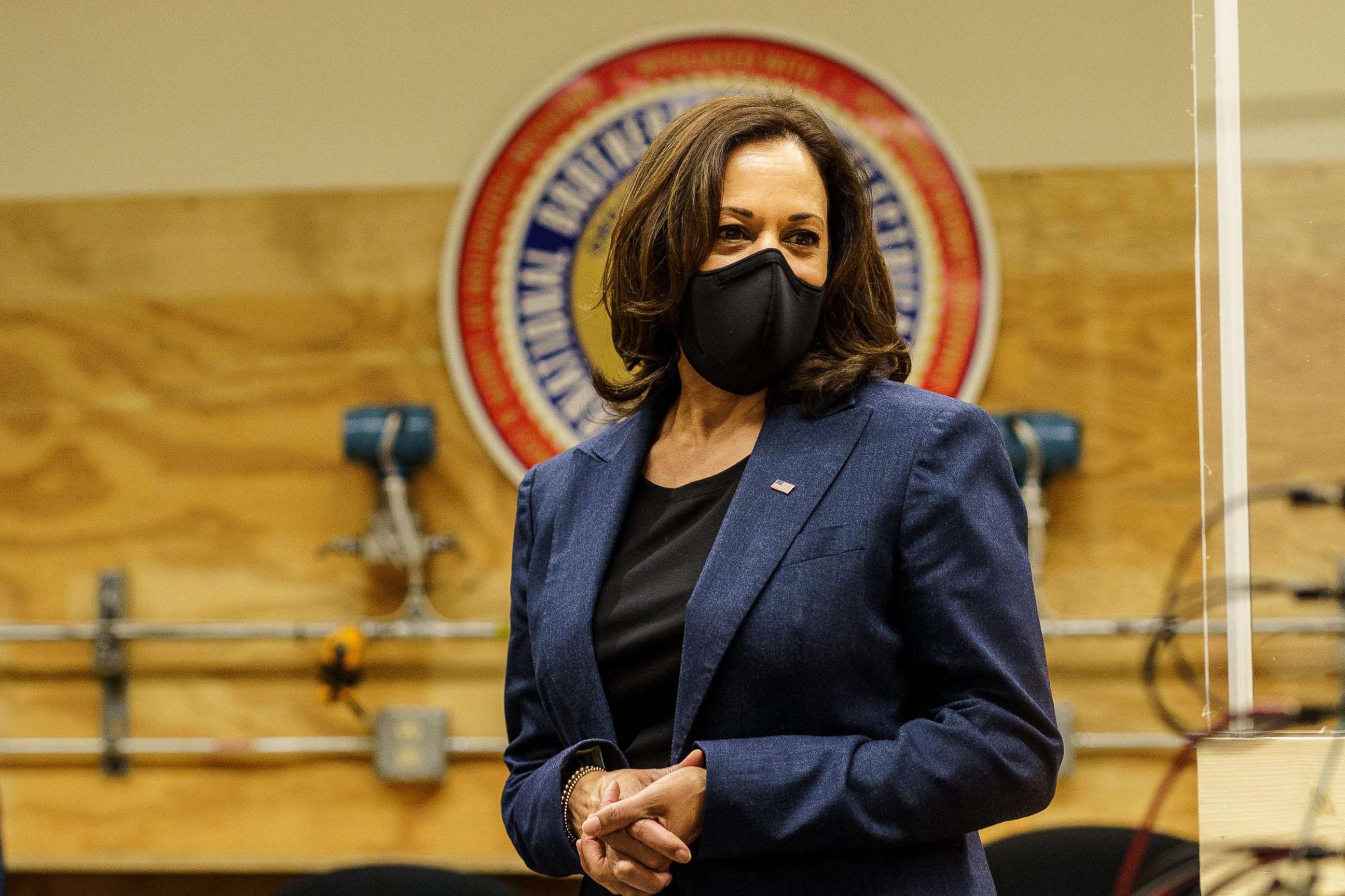 PHOTO: Democratic vice presidential nominee Kamala Harris tours an International Brotherhood of Electrical Workers (IBEW) training facility on Sept. 7, 2020, in Milwaukee, Wisc.