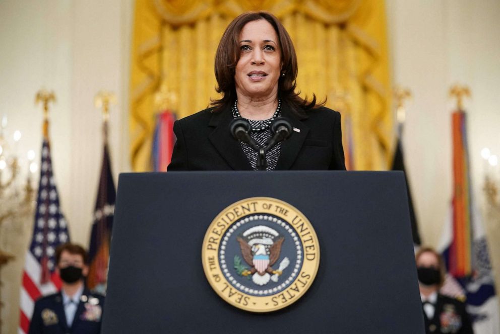 PHOTO: Vice President Kamala Harris speaks during International Women's Day in the East Room of the White House in Washington, D.C., on March 8, 2021.