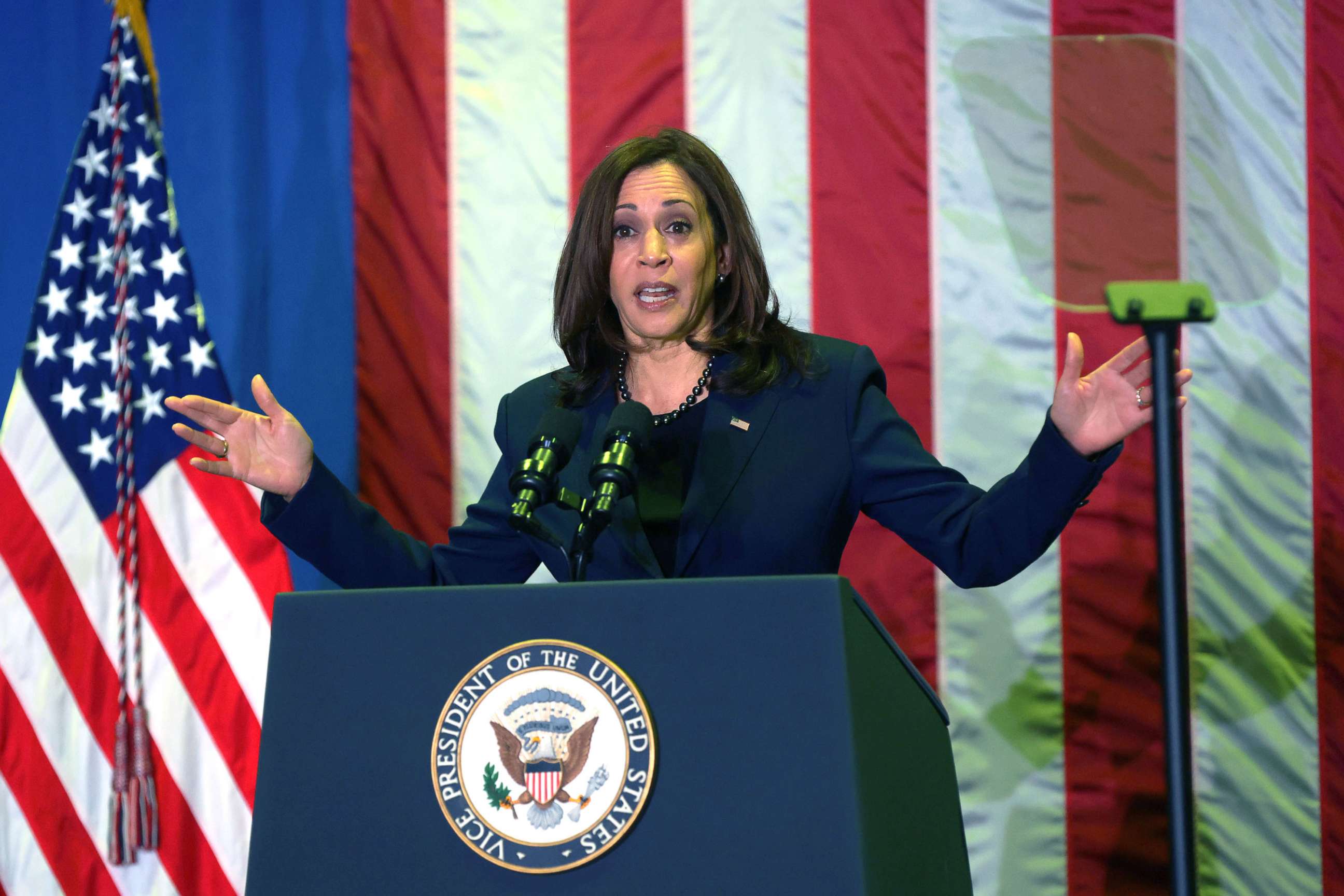 PHOTO: Vice President Kamala Harris speaks during an infrastructure announcement at AFL-CIO, Dec. 16, 2021, in Washington, D.C.