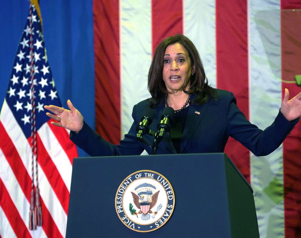 PHOTO: Vice President Kamala Harris speaks during an infrastructure announcement at AFL-CIO, Dec. 16, 2021, in Washington, D.C.