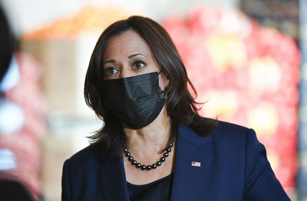 PHOTO: Vice President Kamala Harris talks with members of the press during her visit at the Culinary Academy of Las Vegas, March 15, 2021.