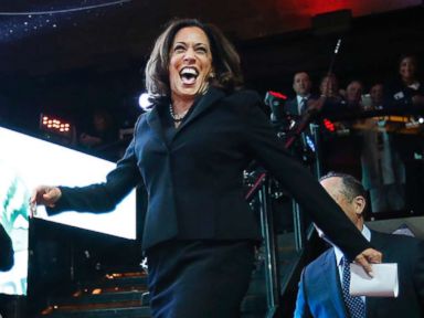 PHOTO: Kamala Harris celebrates winning her Senate race at her rally in downtown on Nov. 8, 2016 in Los Angeles.