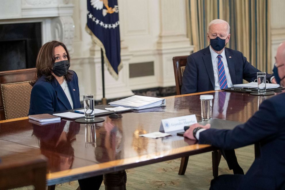 PHOTO: Vice President Kamala Harris, with President Joe Biden, speaks during a meeting with Secretary of Health and Human Services Xavier Becerra and Secretary of Homeland Security Alejandro Mayorkas at the White House in Washington, D.C., March 24, 2021.