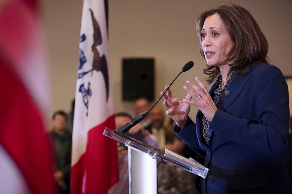 PHOTO: California Senator Kamala Harris speaks at a Polk County Democrats event in Des Moines, Iowa, Oct. 22, 2018.  