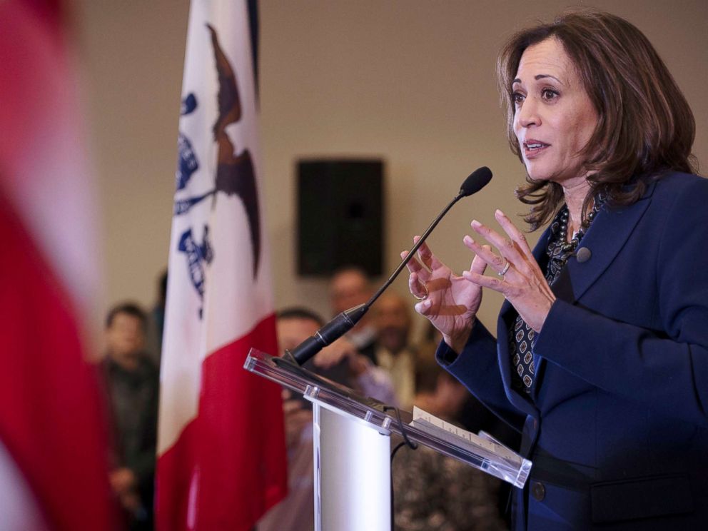PHOTO: California Senator Kamala Harris speaks at a Polk County Democrats event in Des Moines, Iowa, Oct. 22, 2018.