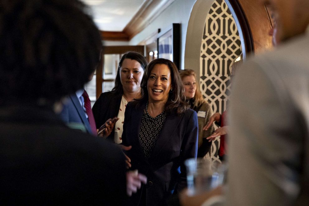 PHOTO: Sen. Kamala Harris, a Democrat from California and 2020 presidential candidate, greets attendees during a campaign event at a private residence in Des Moines, Iowa, April 11, 2019.