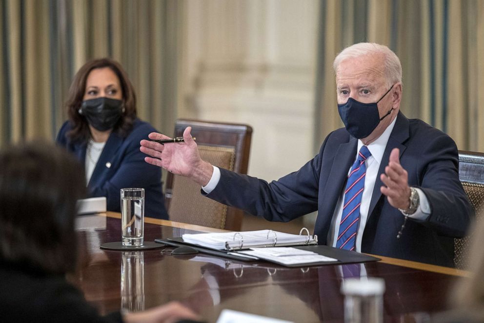 PHOTO: President Joe Biden speaking during a meeting with Vice President Kamala Harris at the White House in Washington, D.C., March 24, 2021. Biden announced that Harris will be leading the White House efforts to handle the crisis at the border.  