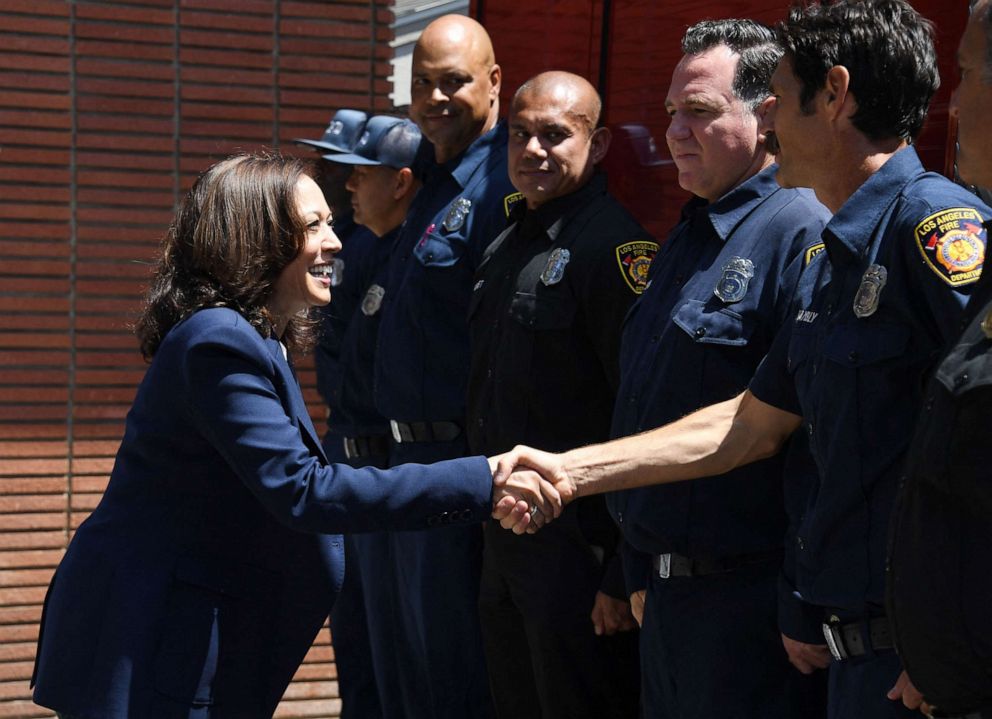 Vice President Kamala Harris meets firefighters at LAFD Fire Station 19 in the Brentwood neighborhood of Los Angeles, California on July 4, 2021.