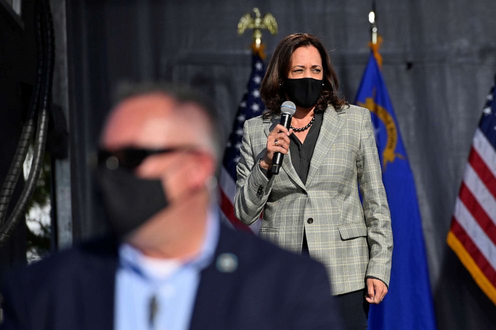 PHOTO: Sen. Kamala Harris speaks at a drive-in campaign event in Las Vegas, Oct. 2, 2020.
