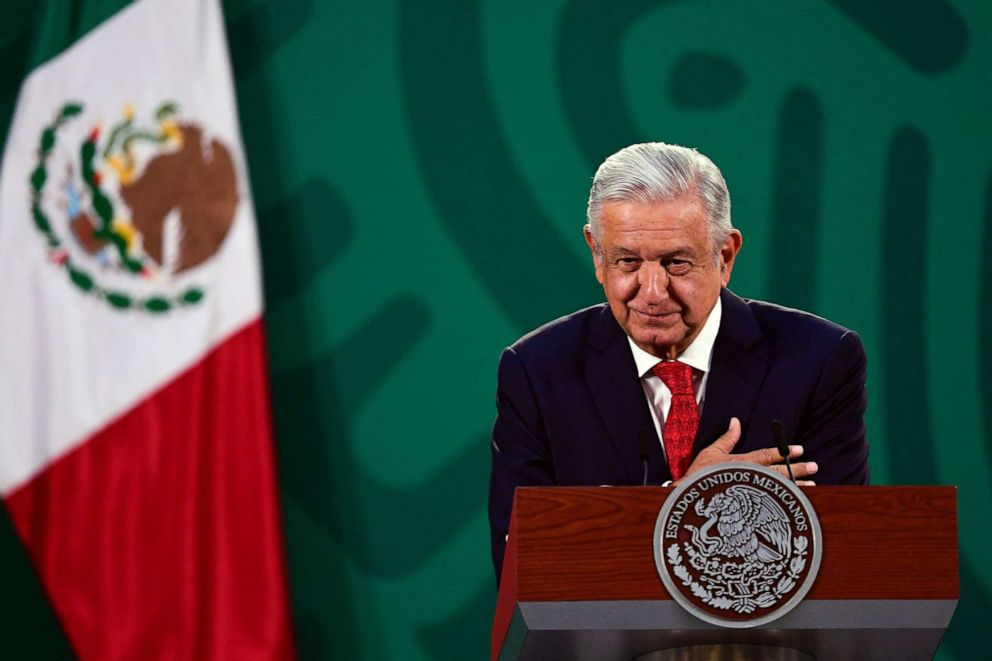 PHOTO: Mexican President Andres Manuel Lopez Obrador delivers a speech during the virtual Earth Day Summit, at the National Palace in Mexico City, on April 22, 2021.