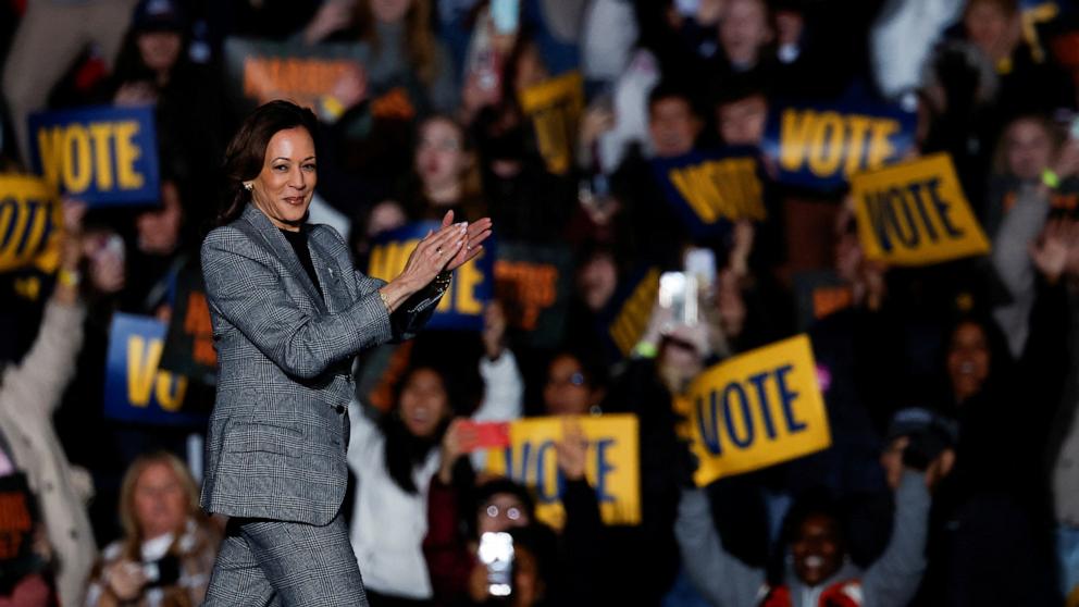 PHOTO: Democratic presidential nominee Vice President Kamala Harris takes the stage during a campaign rally and concert in Ann Arbor, Mich., Oct. 28, 2024.