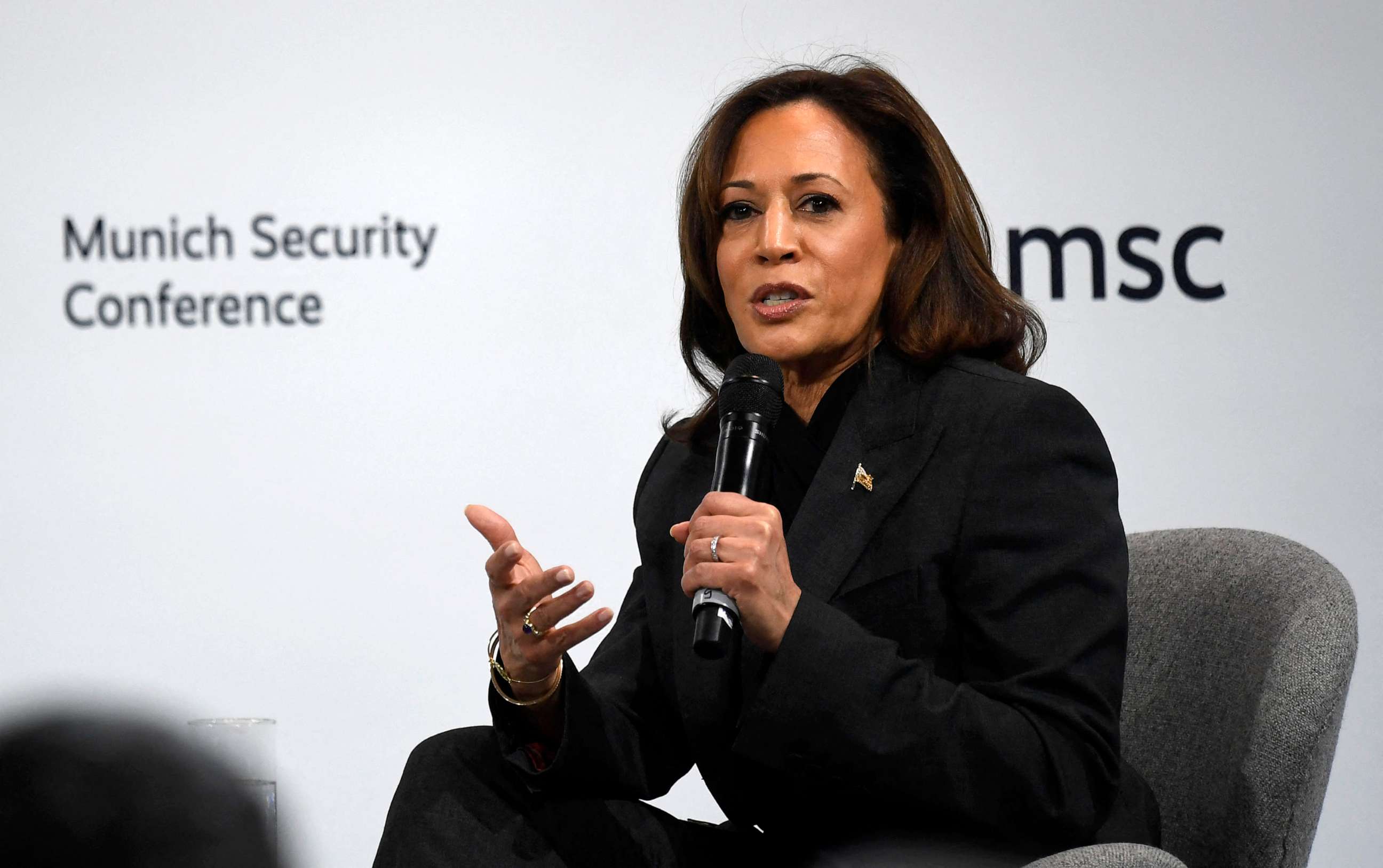 PHOTO: Vice President Kamala Harris speaks at the Munich Security Conference in Munich, southern Germany, on Feb. 18, 2023.
