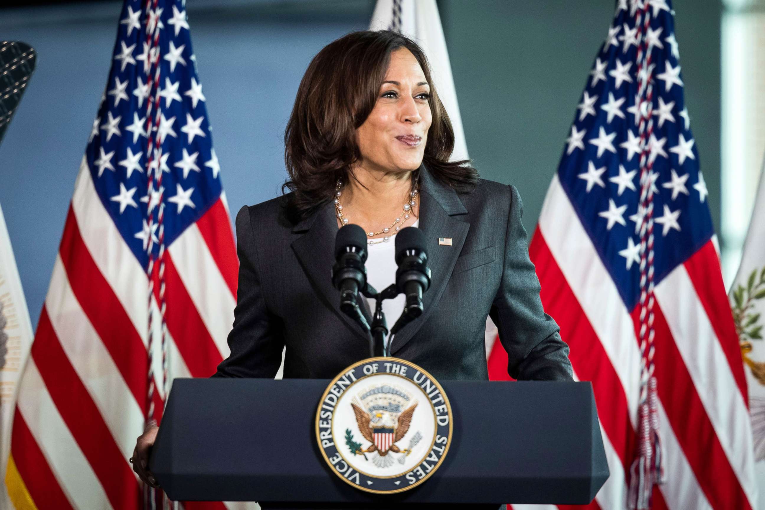 PHOTO: Vice President Kamala Harris speaks while visiting the M&T Bank Stadium Mass Vaccination Site on her 100th day in office in Baltimore, April 29, 2021.