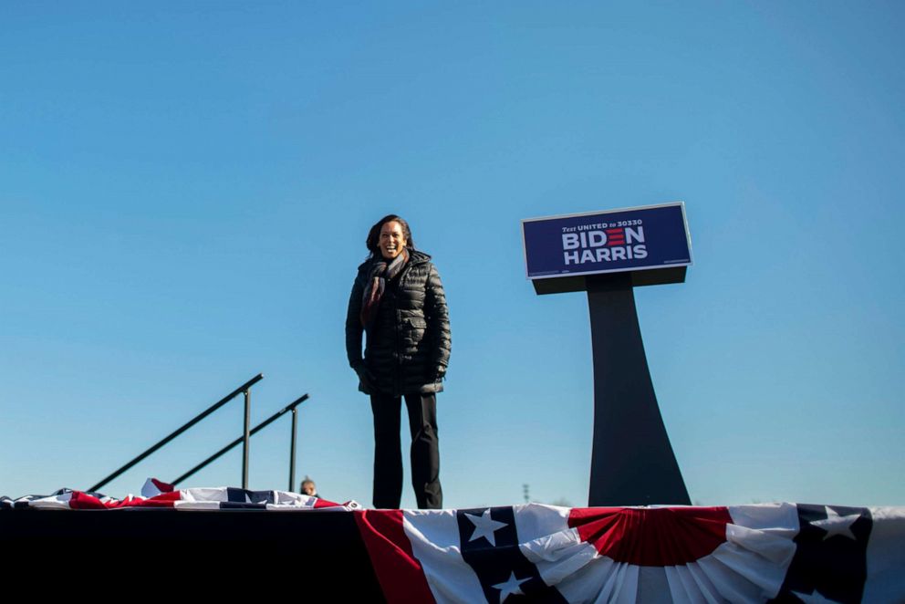 PHOTO: Democratic Vice Presidential Nominee Sen. Kamala Harris acknowledges the crowd while arriving at a drive-in rally on the eve of the general election on Nov. 2, 2020 in Bethlehem, Pa.