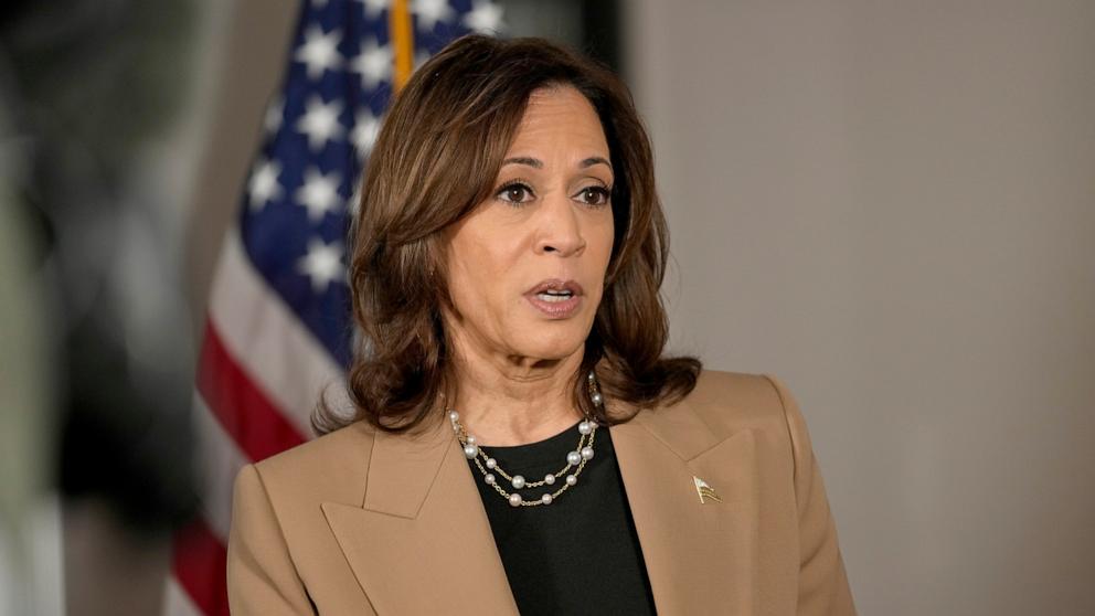 PHOTO: Democratic presidential nominee Vice President Kamala Harris speaks to reporters in Philadelphia, Oct. 24, 2024.