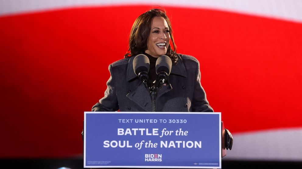 PHOTO: Democratic  vice presidential candidate Kamala Harris gives remarks during an event, in Philadelphia, Nov. 2, 2020.