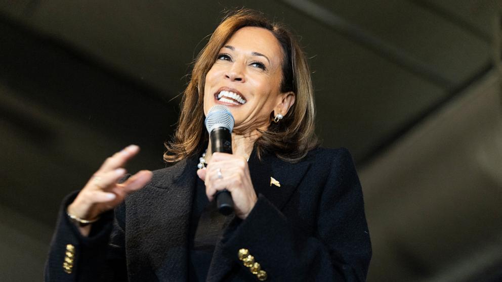 PHOTO: Vice President and Democratic presidential candidate Kamala Harris speaks to volunteers at a canvass kickoff event during a campaign stop at Montage Mountain Resorts in Scranton, Pa. on Nov. 4, 2024.