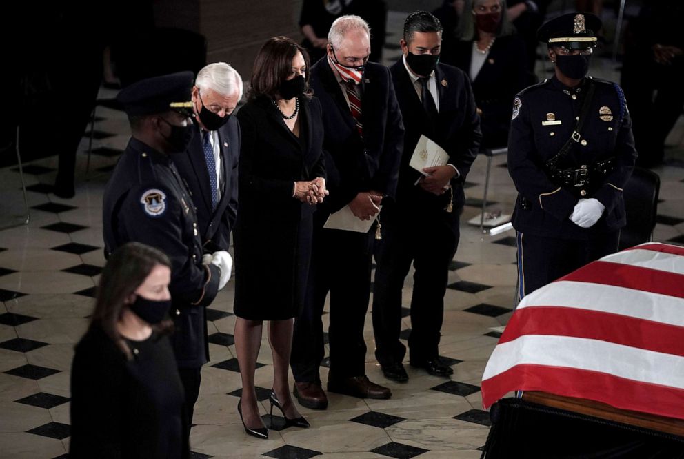 PHOTO: House Majority Leader Steny Hoyer, Democratic vice presidential candidate Sen. Kamala Harris, House Minority Whip Steve Scalise, and Rep. Ben Lujan, pay respects at the casket of Justice Ruth Bader Ginsburg, Sept. 25, 2020, in Washington.