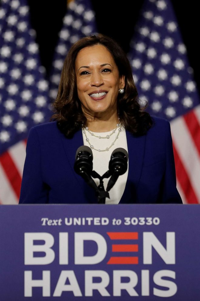 PHOTO: Democratic vice presidential candidate Senator Kamala Harris speaks at a campaign event after being named by Biden as his running mate, at Alexis Dupont High School in Wilmington, Delaware, Aug. 12, 2020.